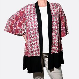 Geometric Boho Chic Open Front Cardigan Vibrant Art-to-Wear Layering Piece L 0X